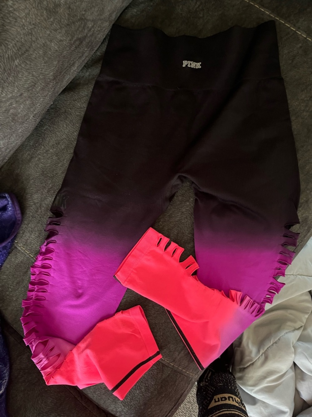 PINK Victoria's Secret Black to Bright Pink Ombre Leggings with Side Cutouts